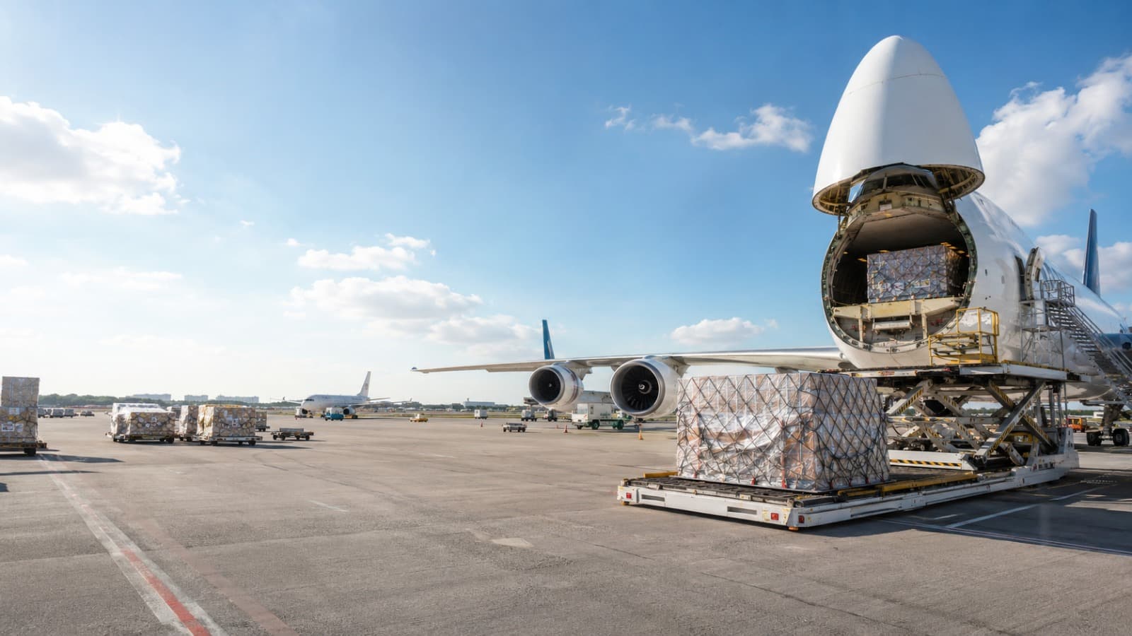 Cargo 747 with its nose cone raised on an airport tarmac while air-freight pallets are loaded