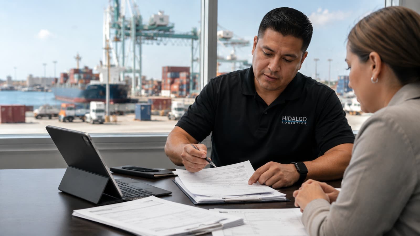 Progressing LLC broker reviewing customs paperwork with a client overlooking the port