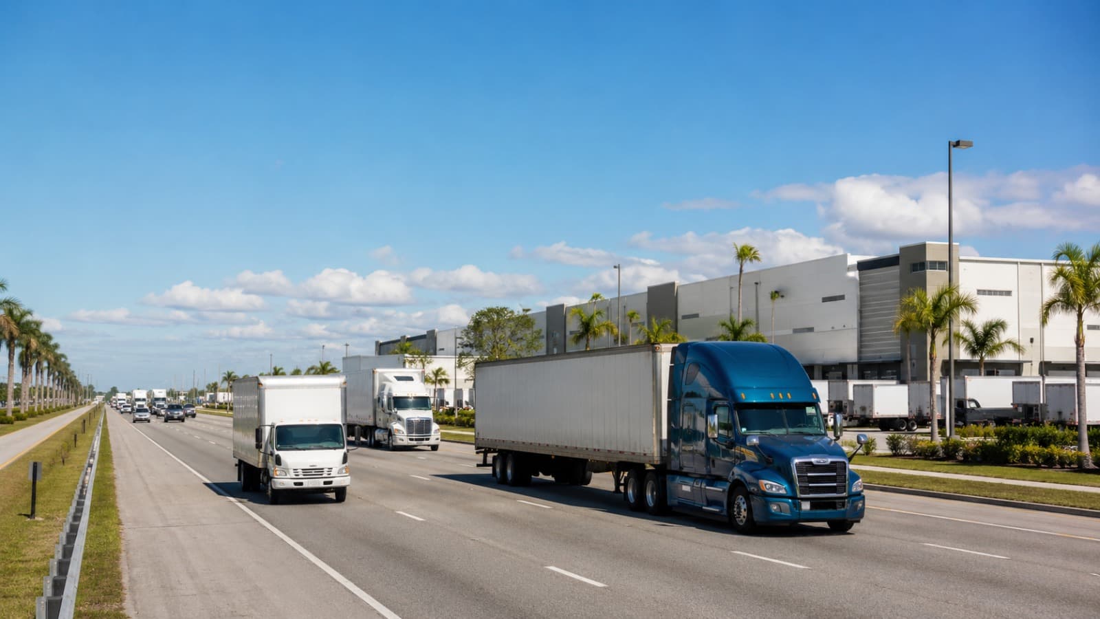 Blue semi-truck and dry van moving along a South Florida freight corridor past distribution warehouses