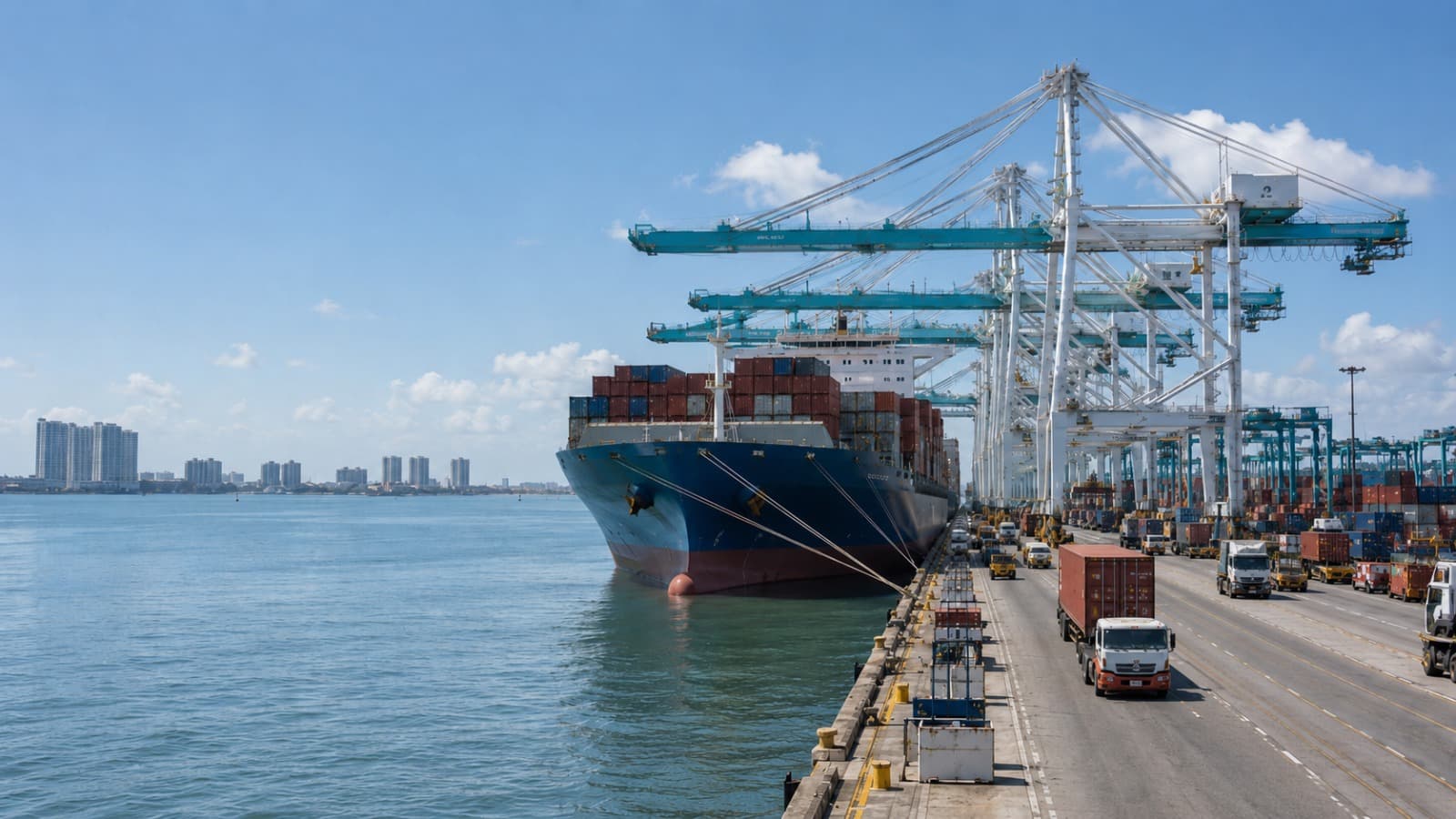 Container ship docked at port beside gantry cranes and stacked containers